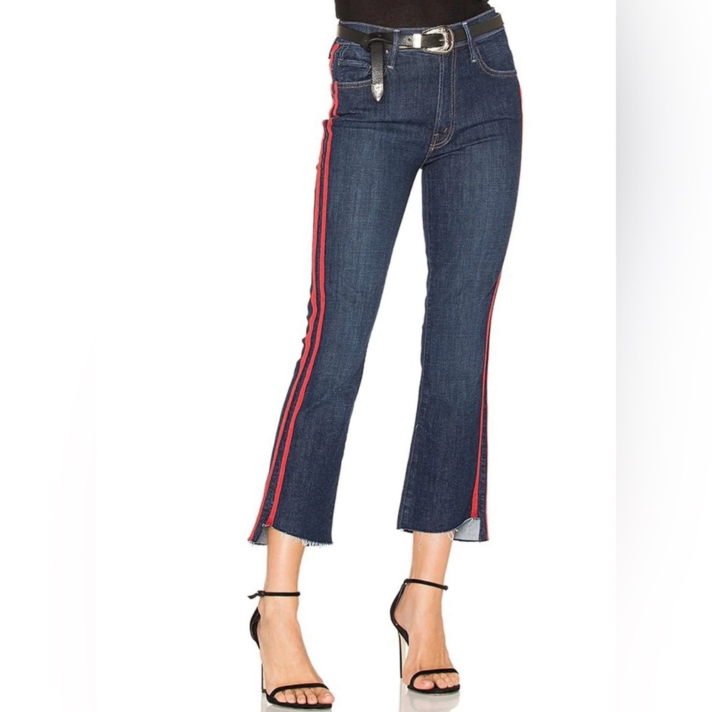 MOTHER Insider Crop Step Fray Speed Racer Blue Denim Jeans Red Stripe Sz 27